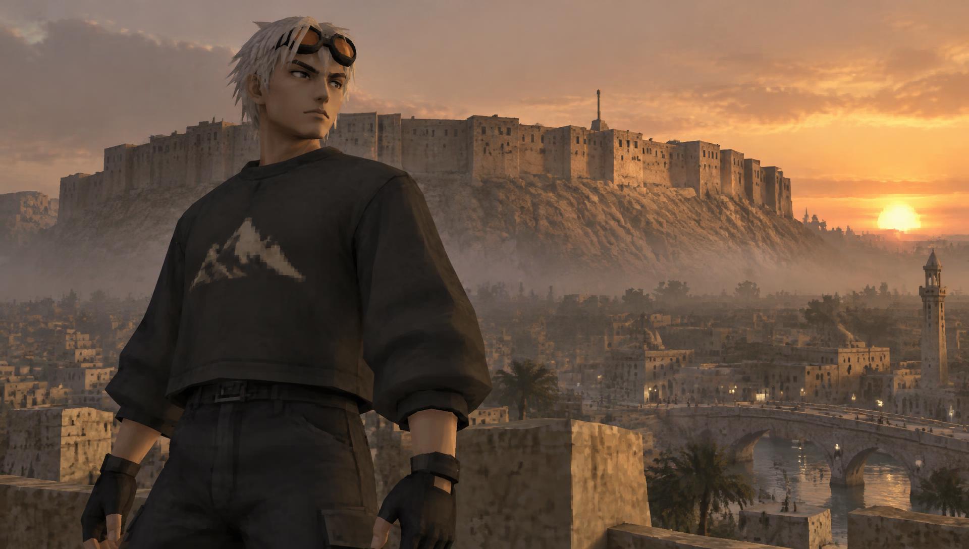 Low-poly hero with orange goggles in front of the Erbil Citadel at golden hour